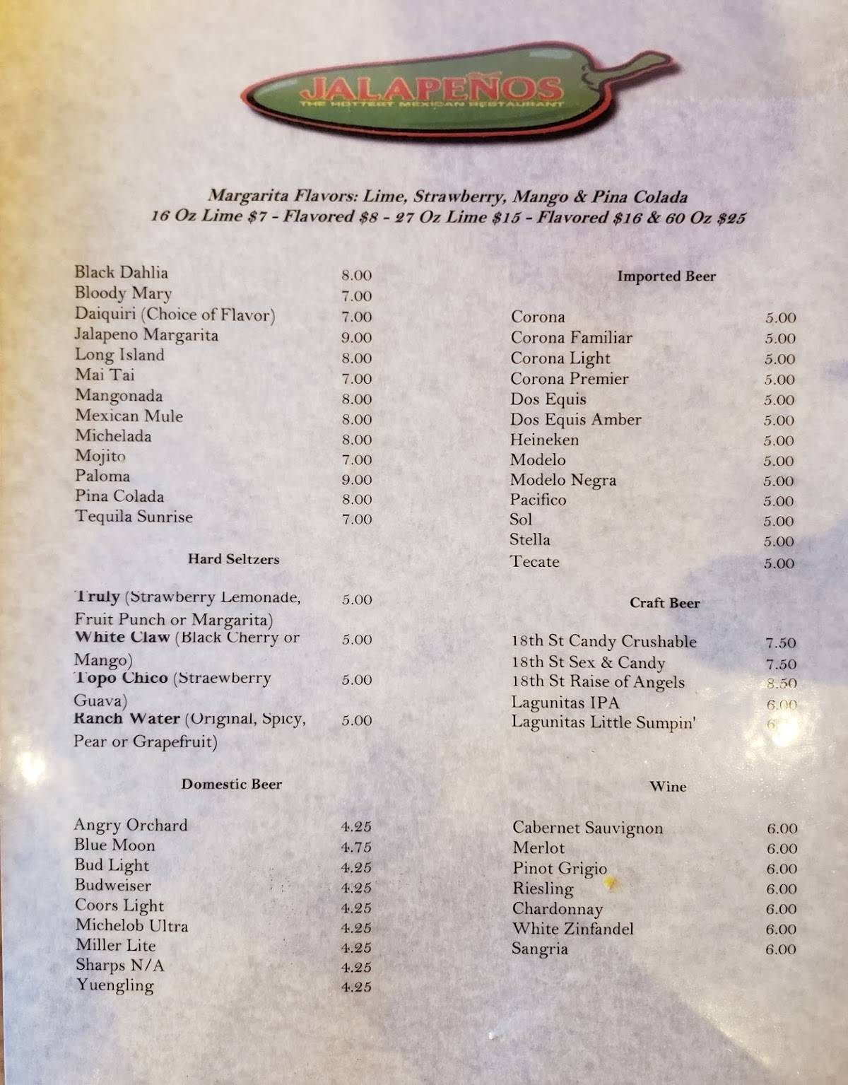 Menu at Jalapeños pub & bar, Schererville