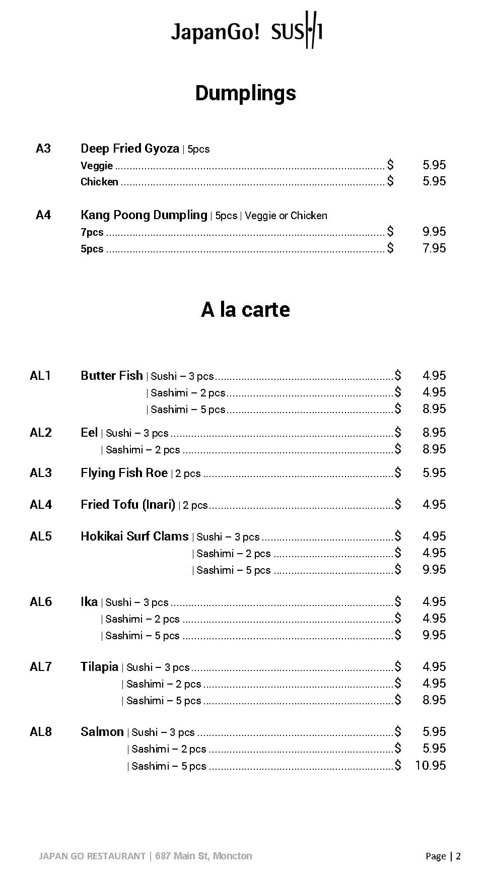 Menu de Japan Go Sushi