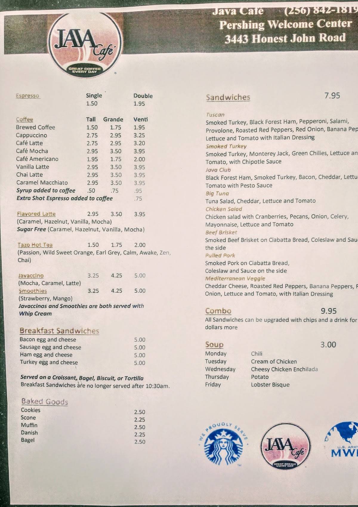 Menu at Java Cafe, Huntsville, Honest John Rd