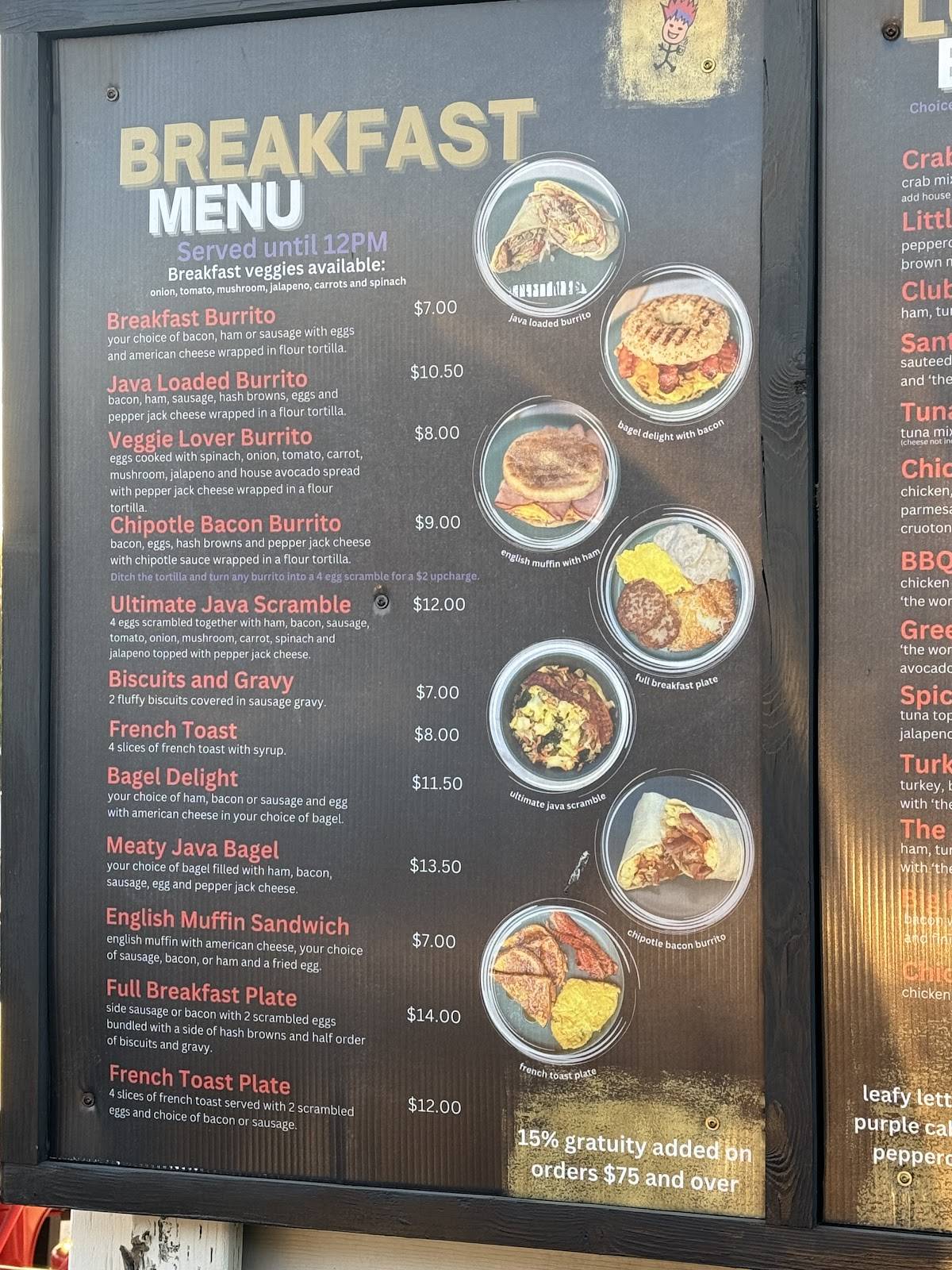 Menu at Java Junkies cafe, Umatilla, 6th St
