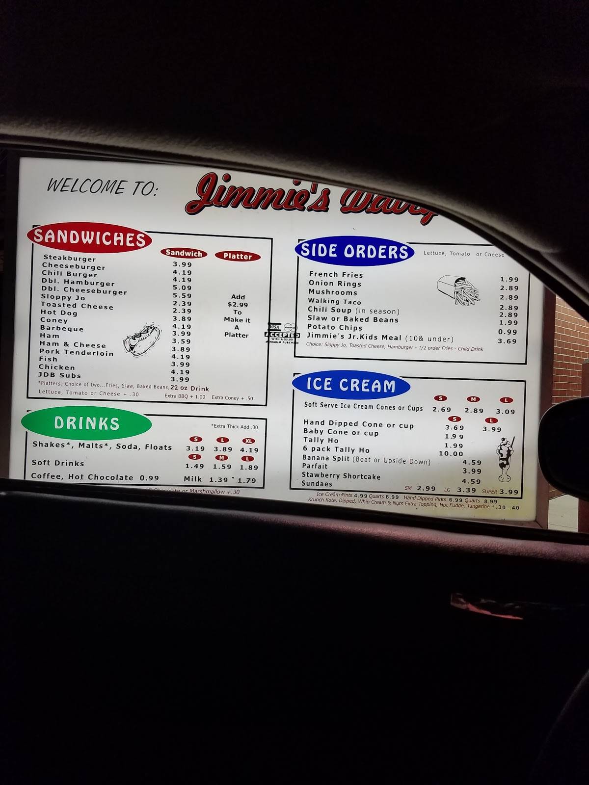 Menu at Jimmie's Dairy Bar, Pendleton