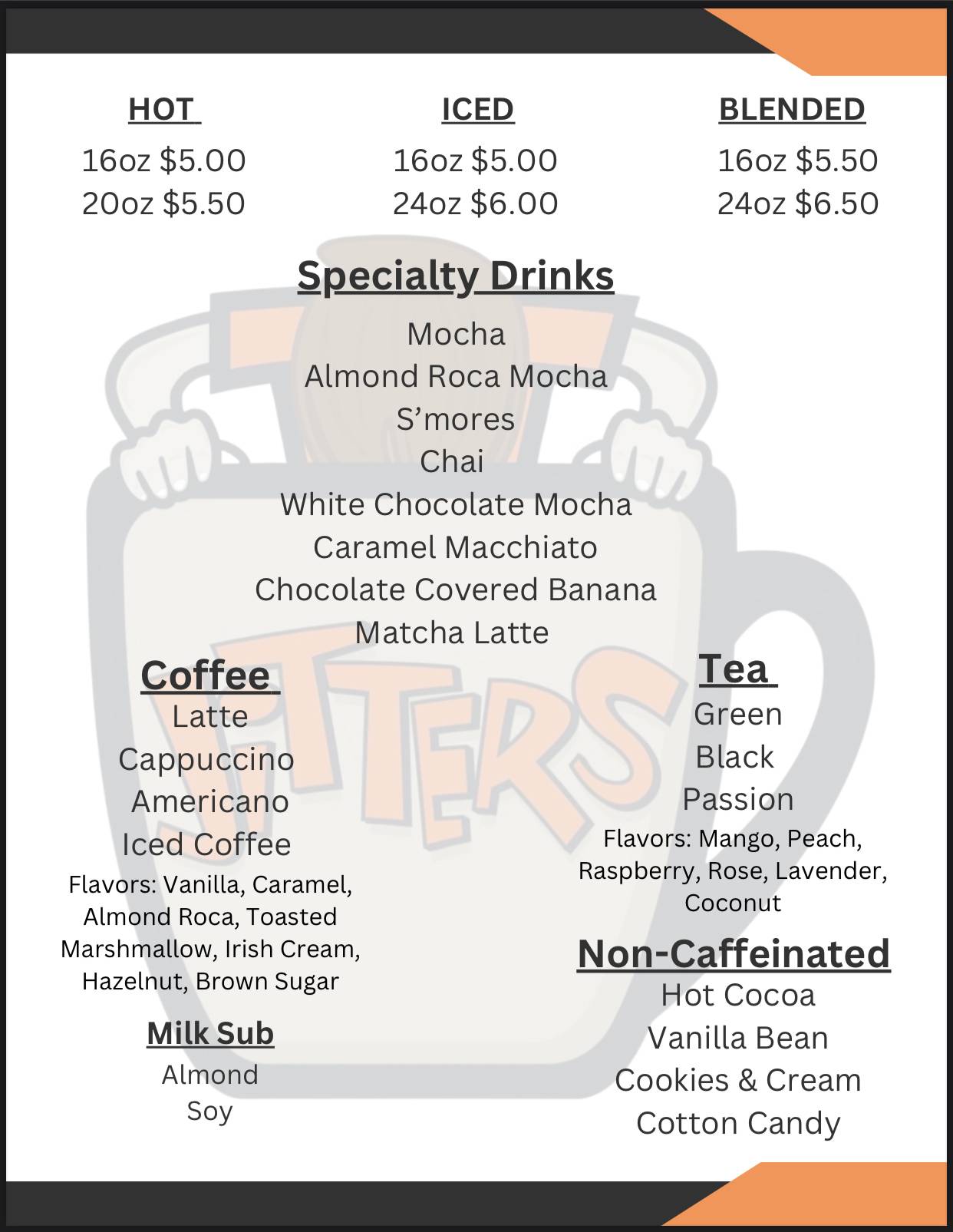 Menu at Jitters cafe, Sanger