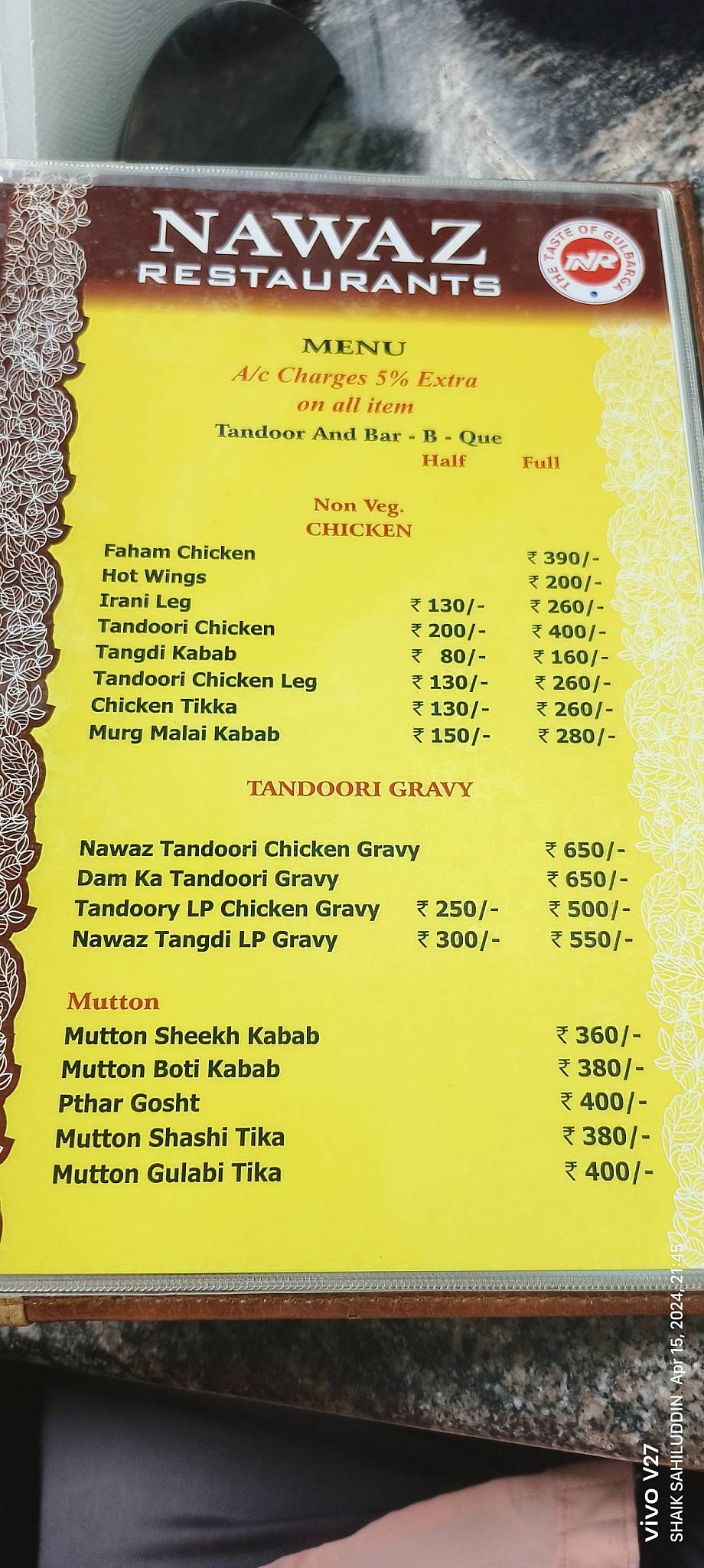 Nawaz Restaurant menu