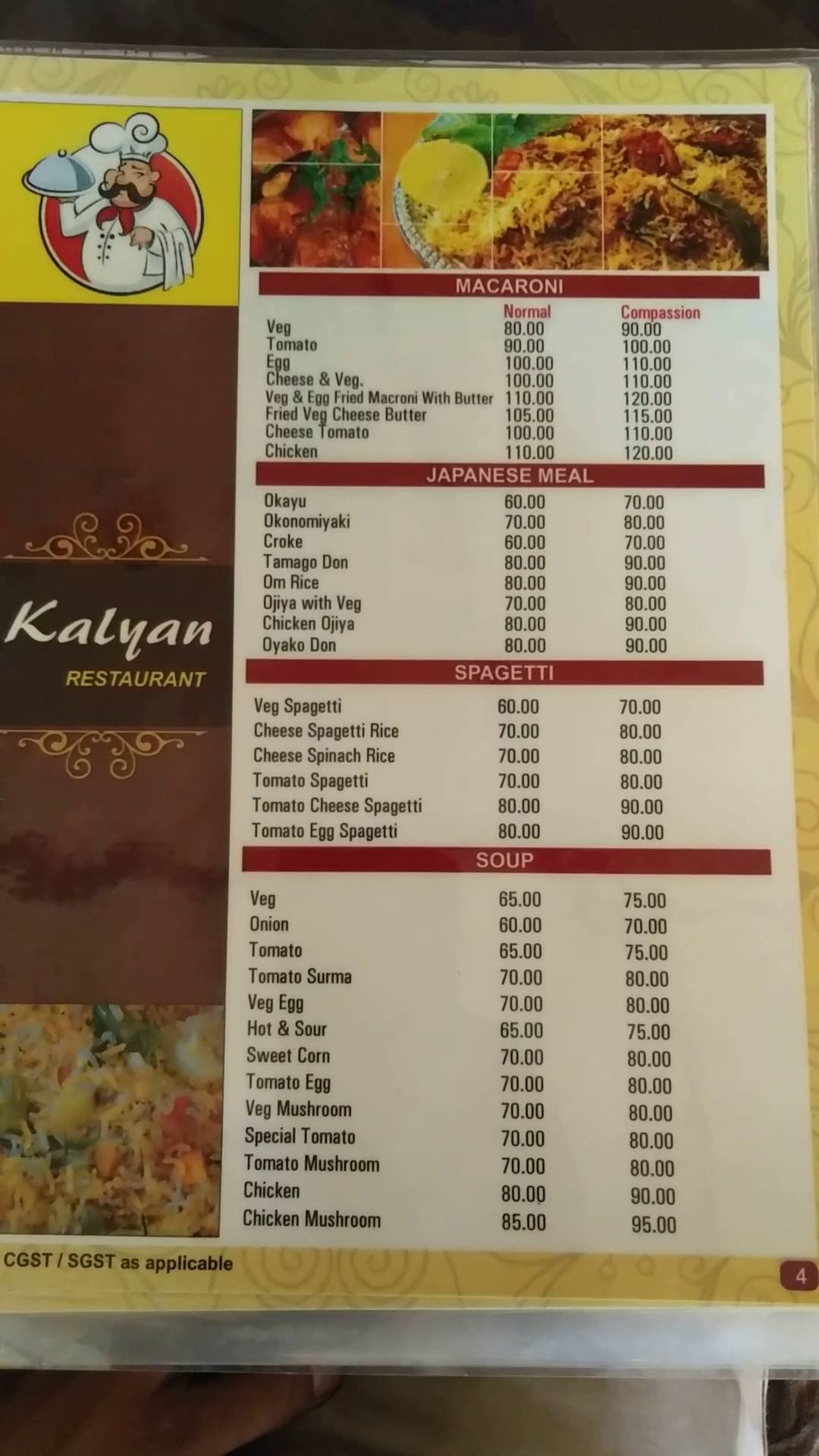 Kalyan Restaurant menu