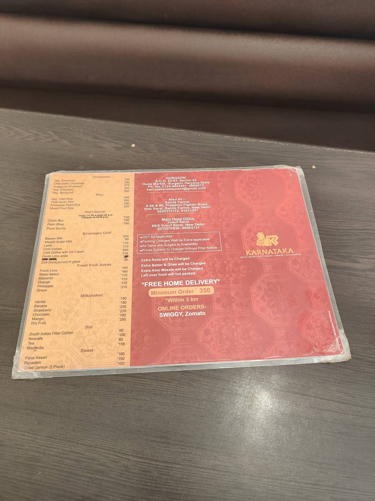 Karnataka Restaurant menu