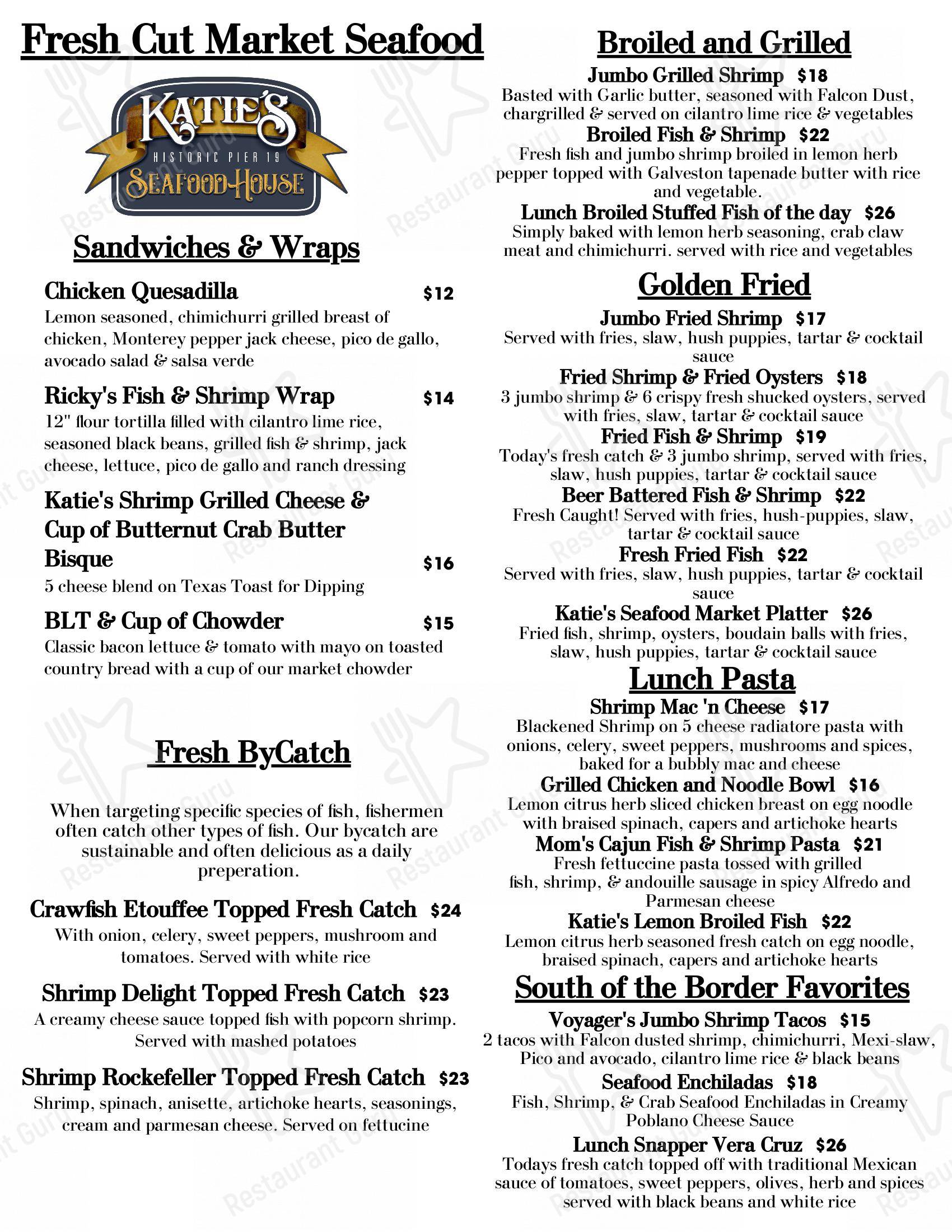 Menu at Katie's Seafood House restaurant, Galveston