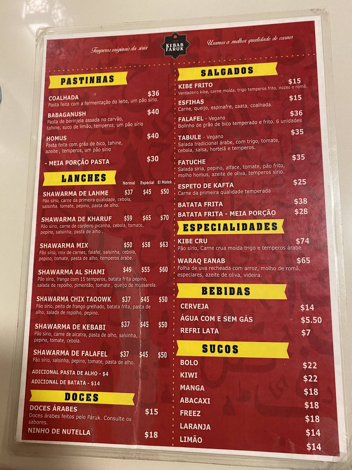 Kebab Faruk - Comida Árabe cardápio