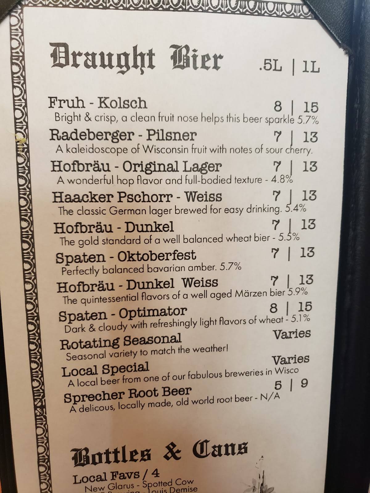 Menu at Kegel's Inn restaurant, West Allis