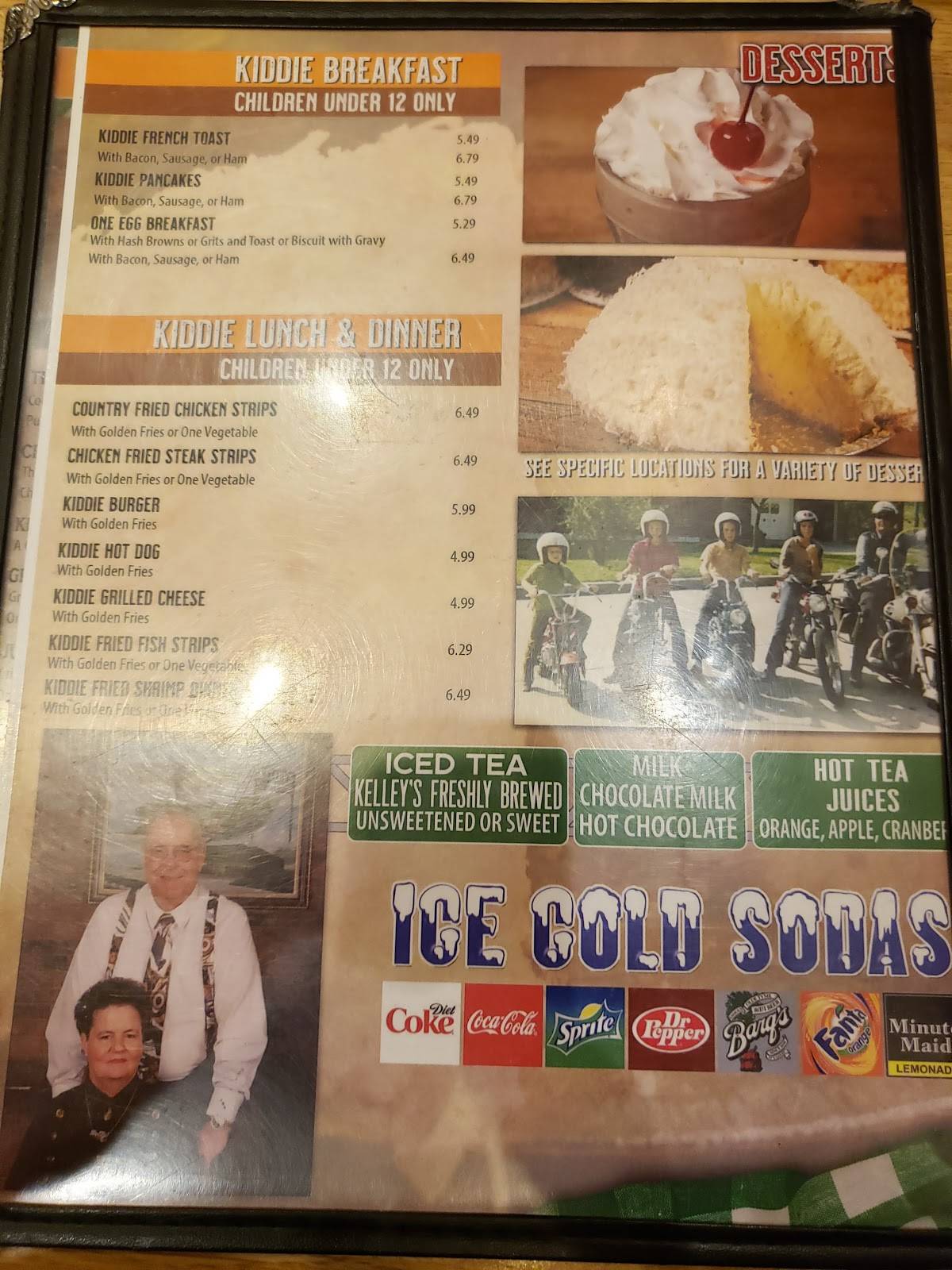 Menu at Kelley's Country Cookin' restaurant, Pasadena, Spencer Hwy