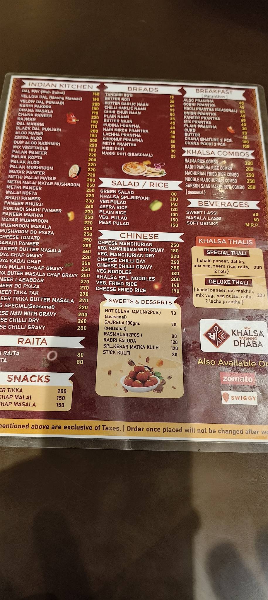 Khalsa Vaishno Dhaba menu