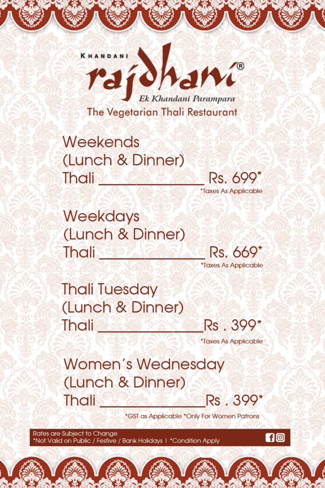 Khandani Rajdhani, Phoenix MarketCity, Velacherry menu