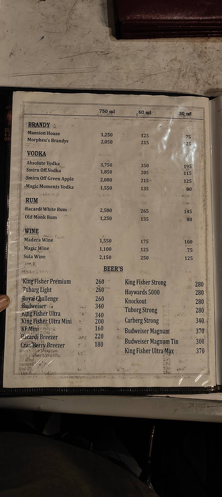 King's Bar menu