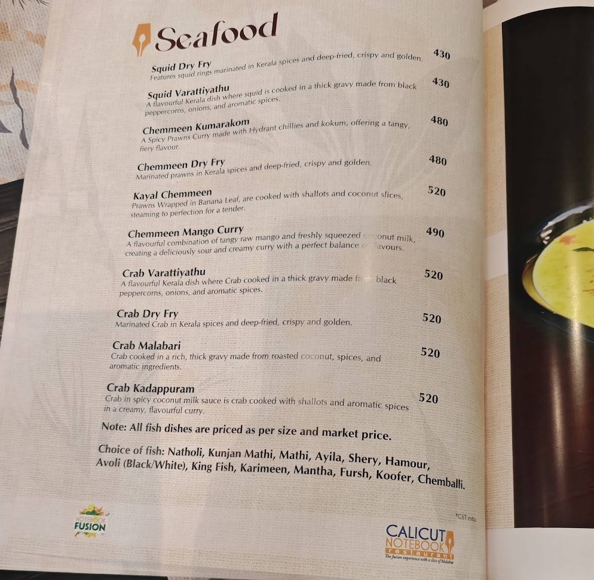 Calicut Notebook Restaurant menu