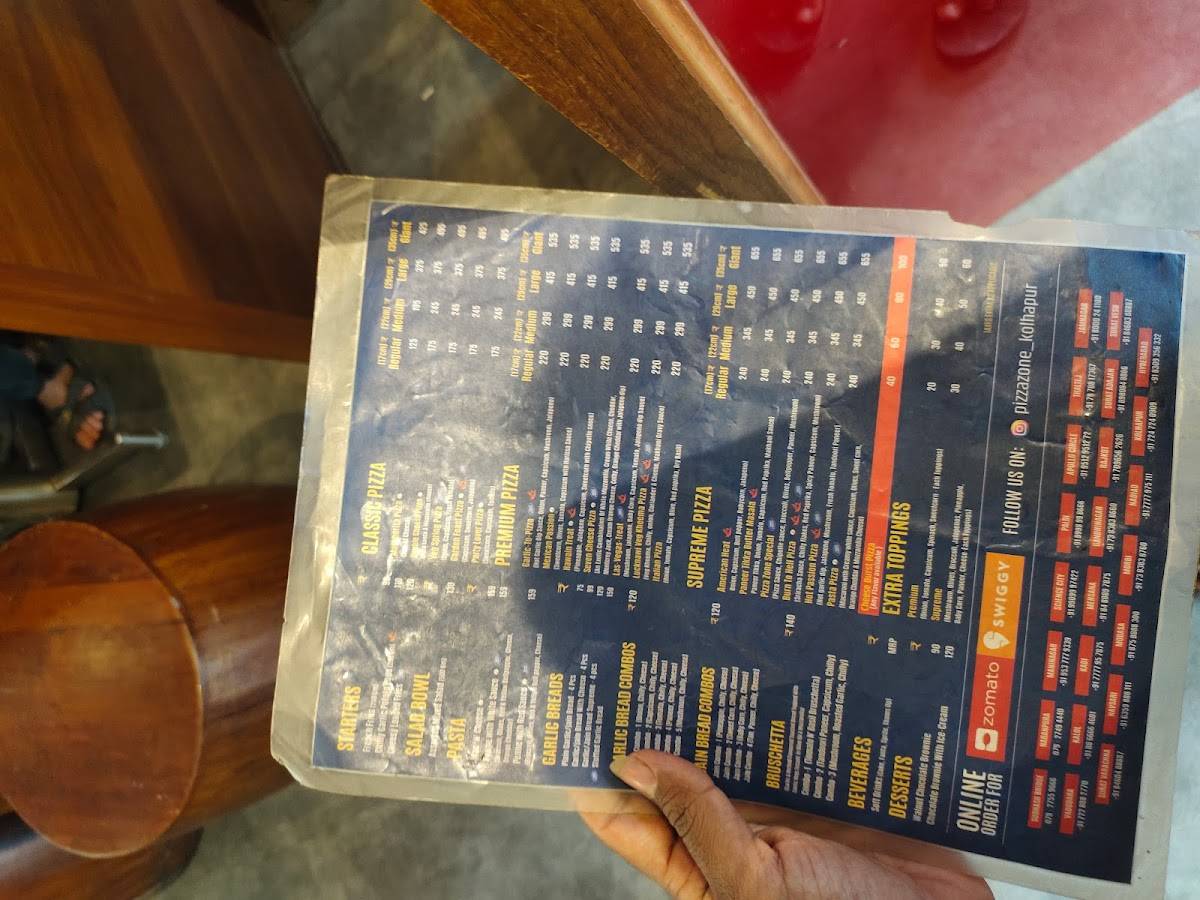 PIZZA ZONE menu