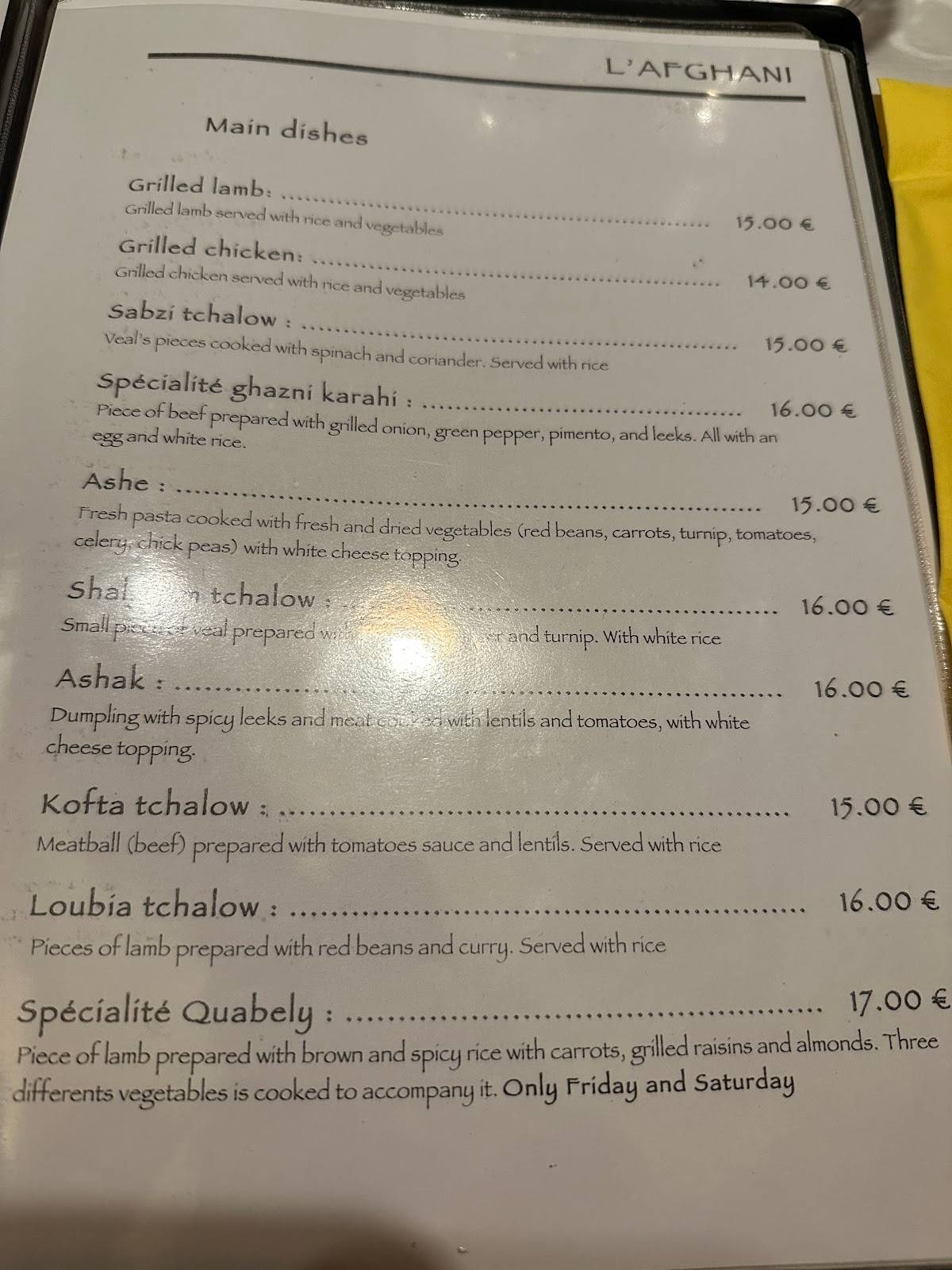 Menu de L'Afghani