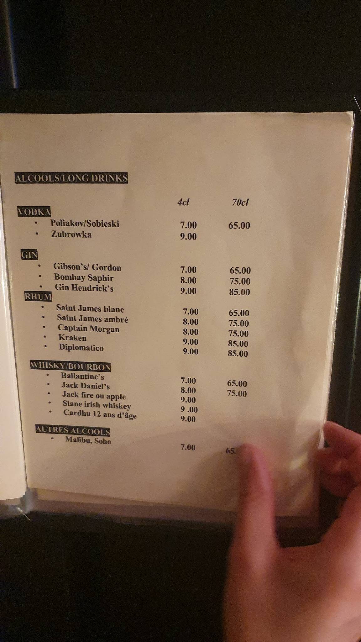 Menu de L'Etoile Opéra
