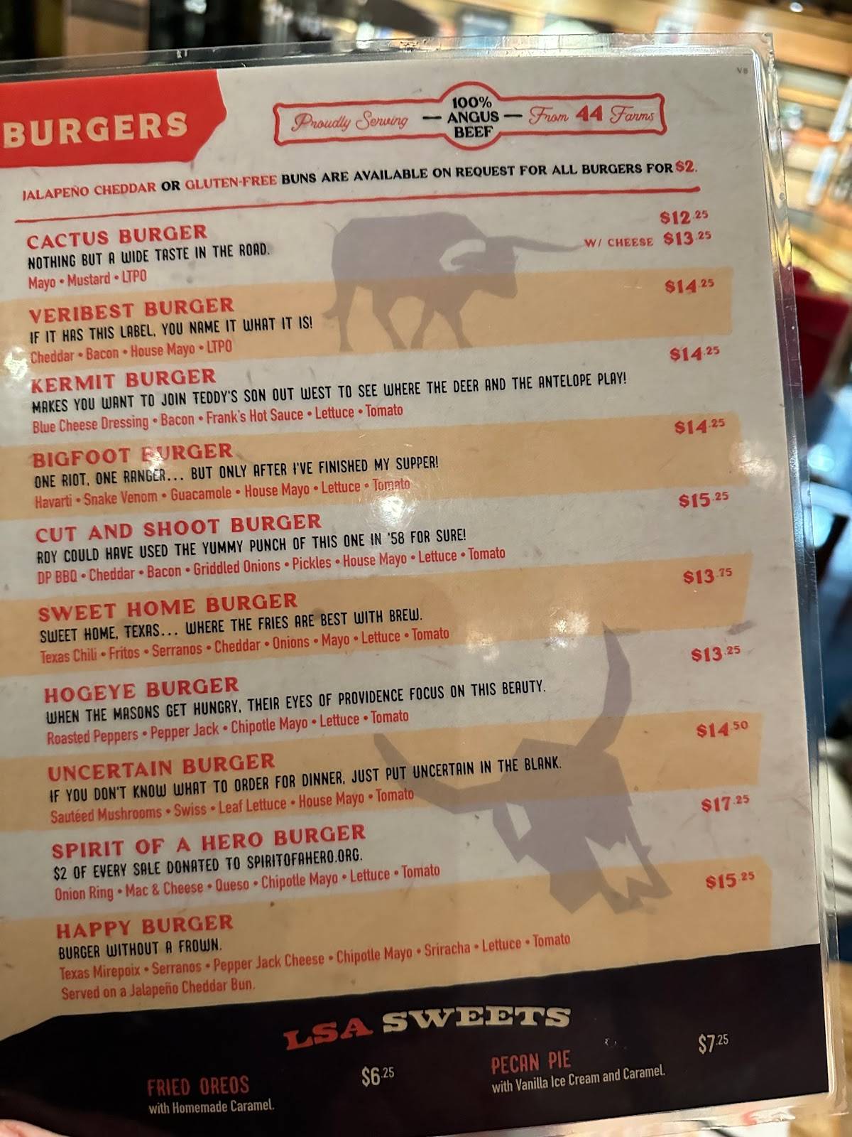 Menu at LSA Burger at Grandscape pub & bar, The Colony