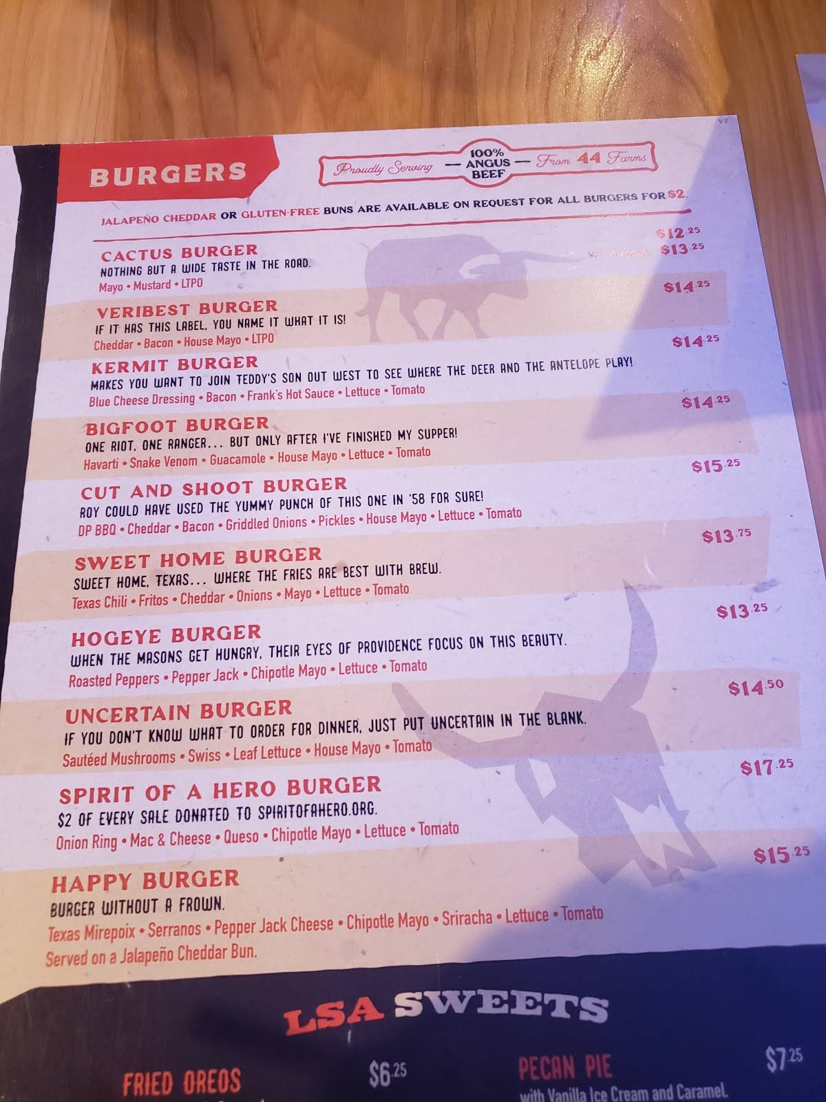 Menu at LSA Burger at Grandscape pub & bar, The Colony