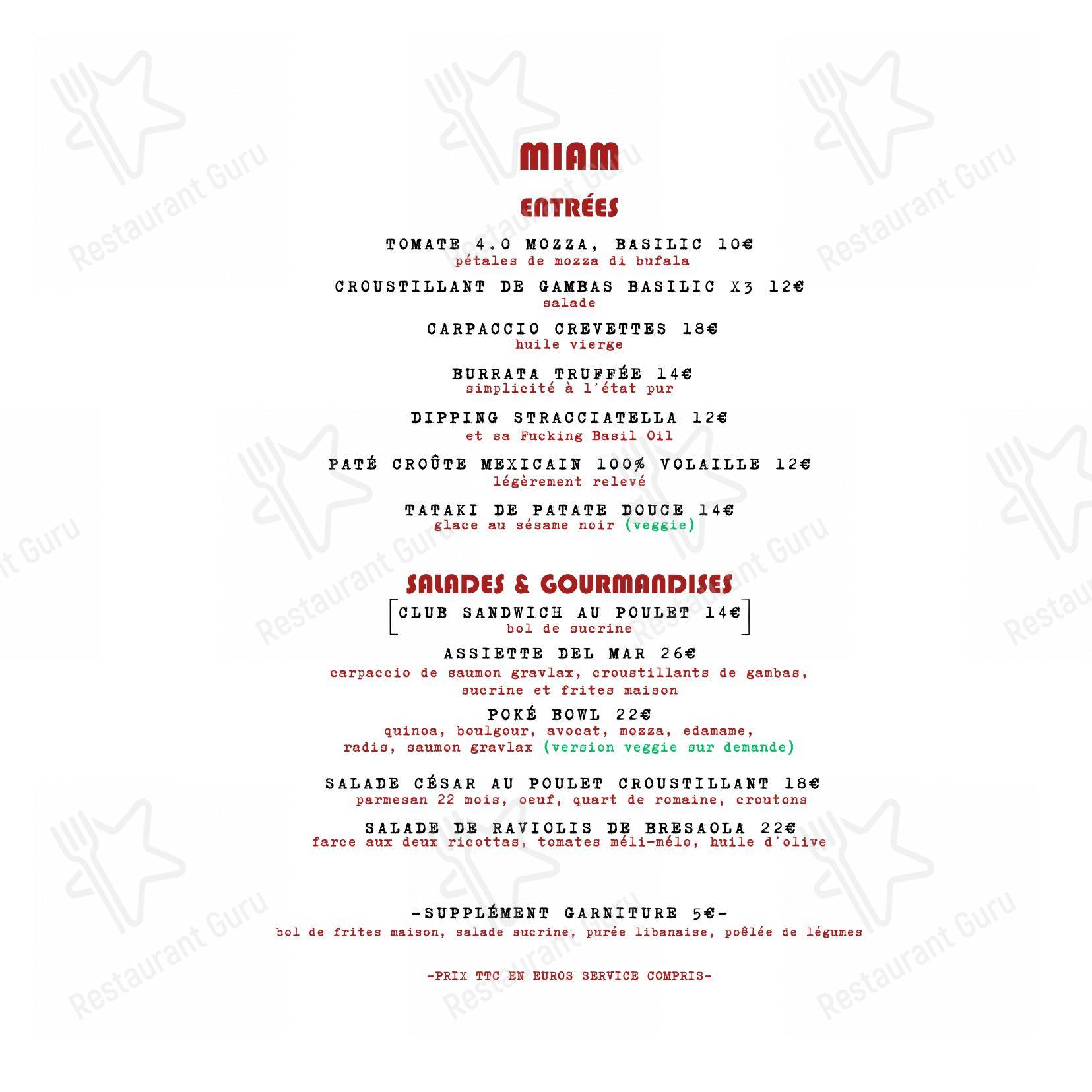 Menu bar pour La Cabane de La Terrasse de l'Étang restaurant