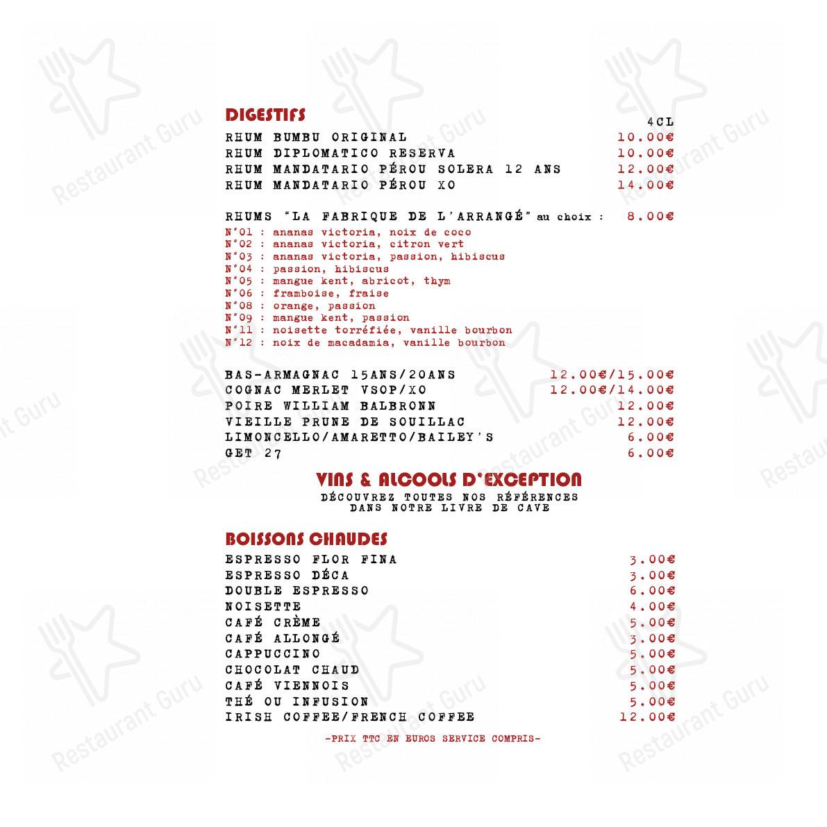 Menu pour La Cabane de La Terrasse de l'Étang - plats et boissons