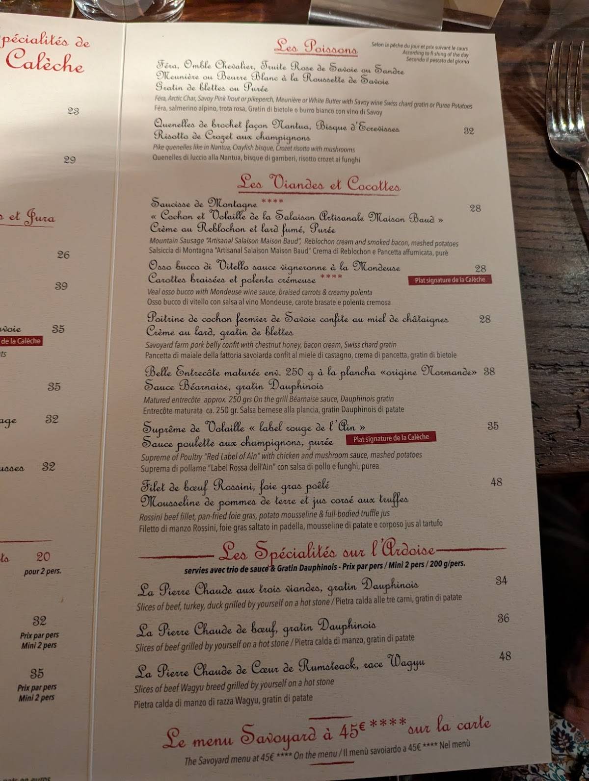 Menu de La Calèche