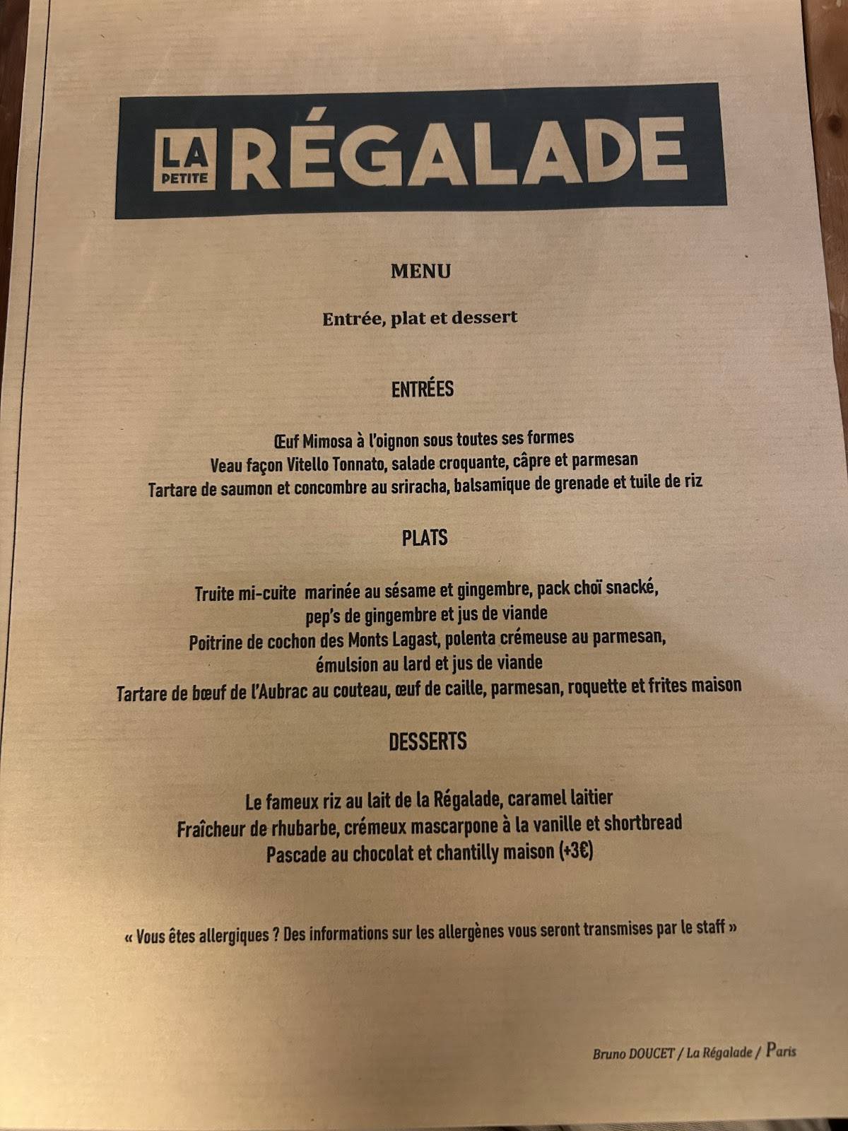 Menu de La Petite Régalade