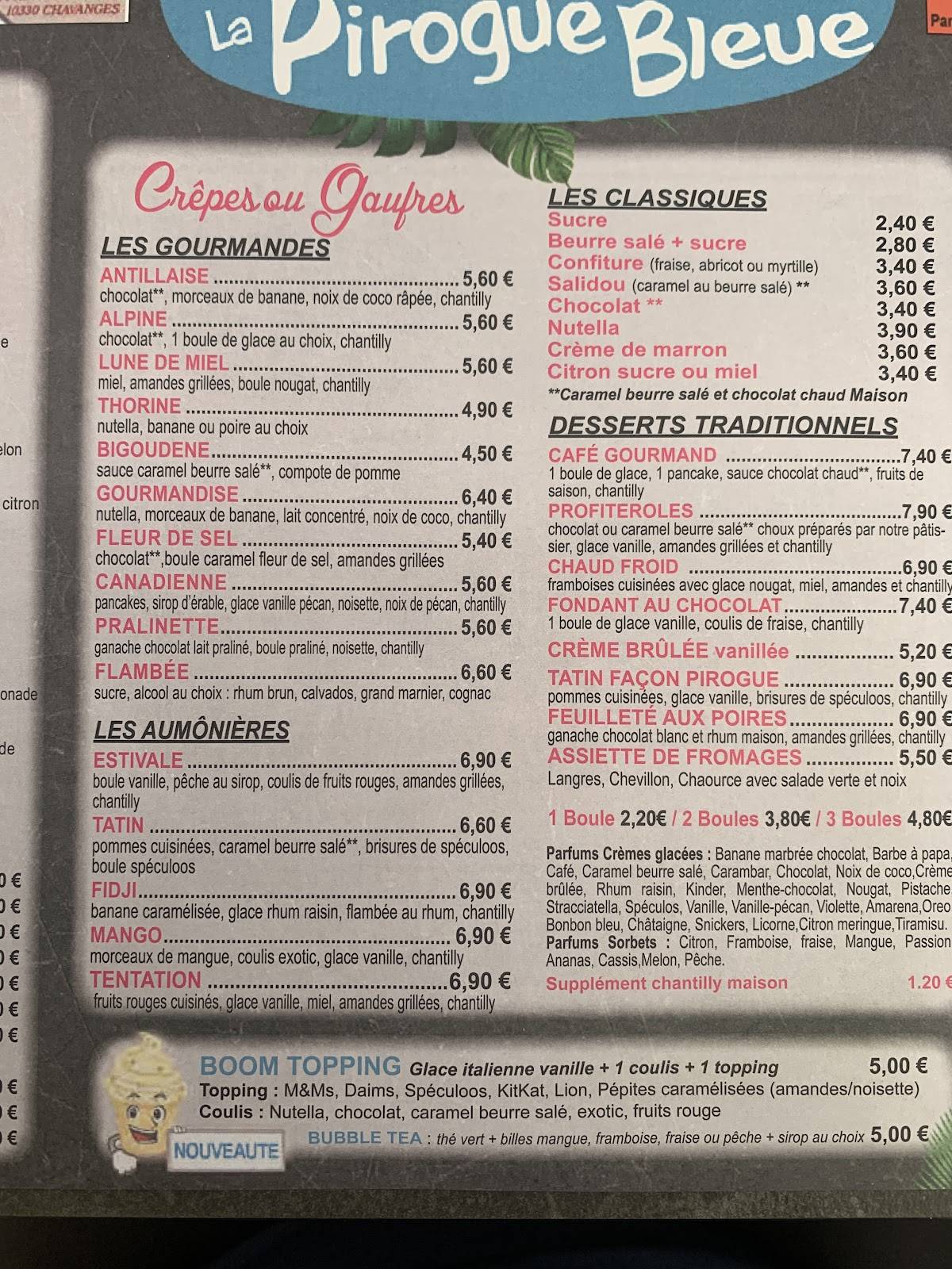 Menu de La Pirogue Bleue