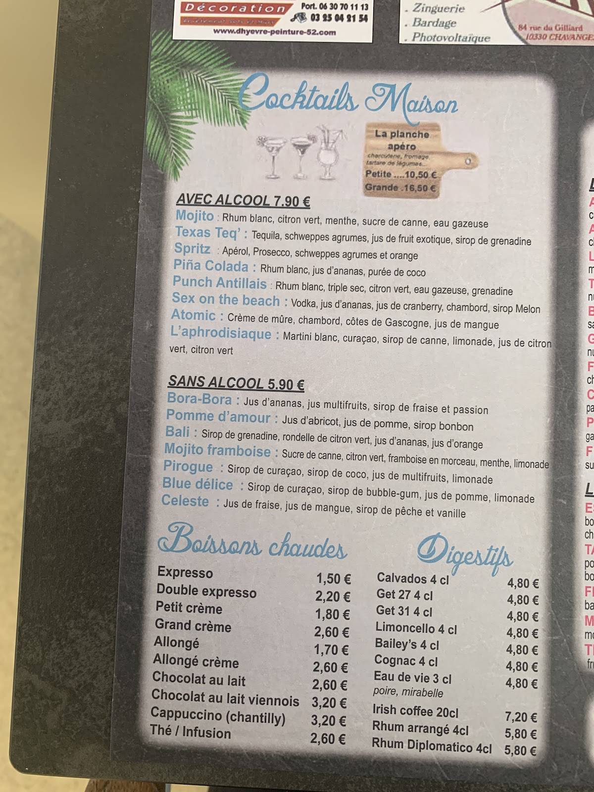 Menu de La Pirogue Bleue