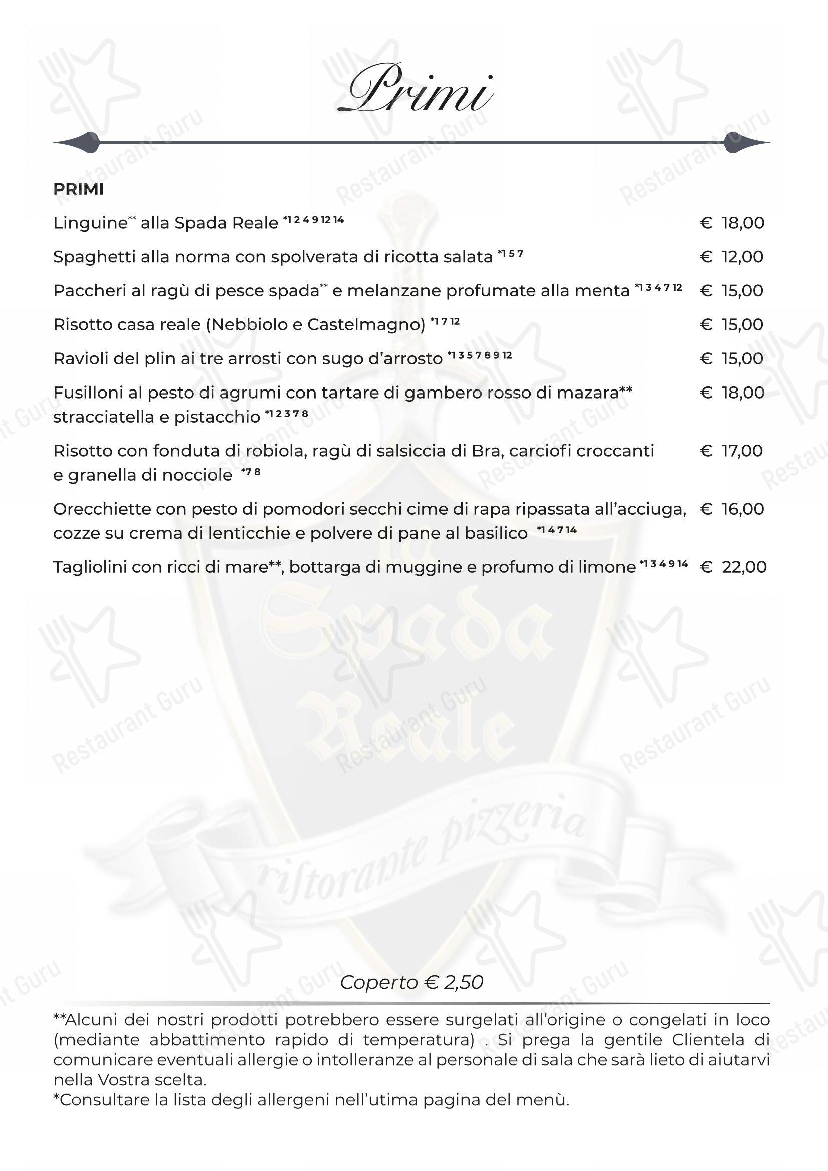 Menu per La Spada Reale in Torino