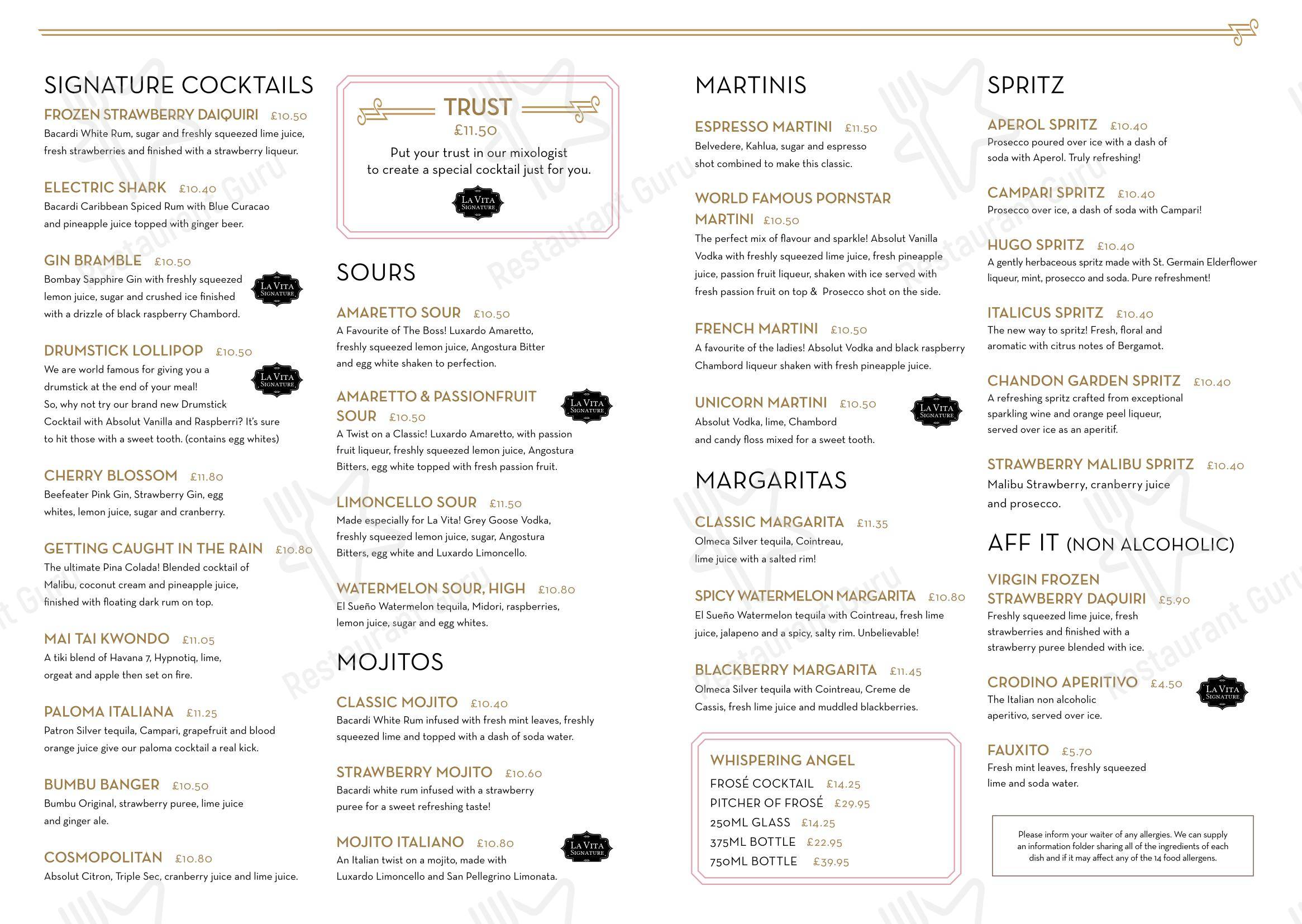 Menu at La Vita Barrachnie, Glasgow