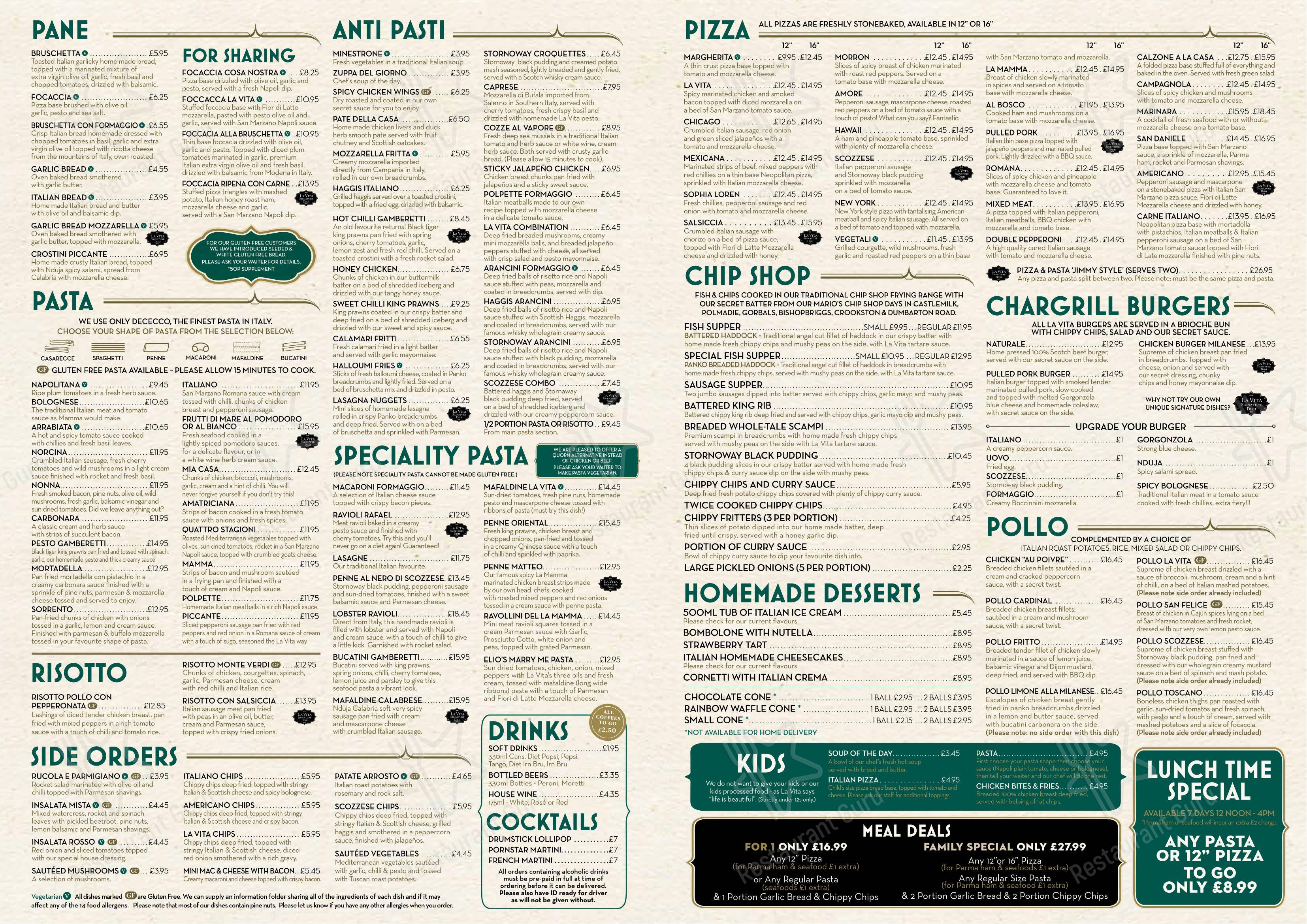 Menu at La Vita Barrachnie, Glasgow