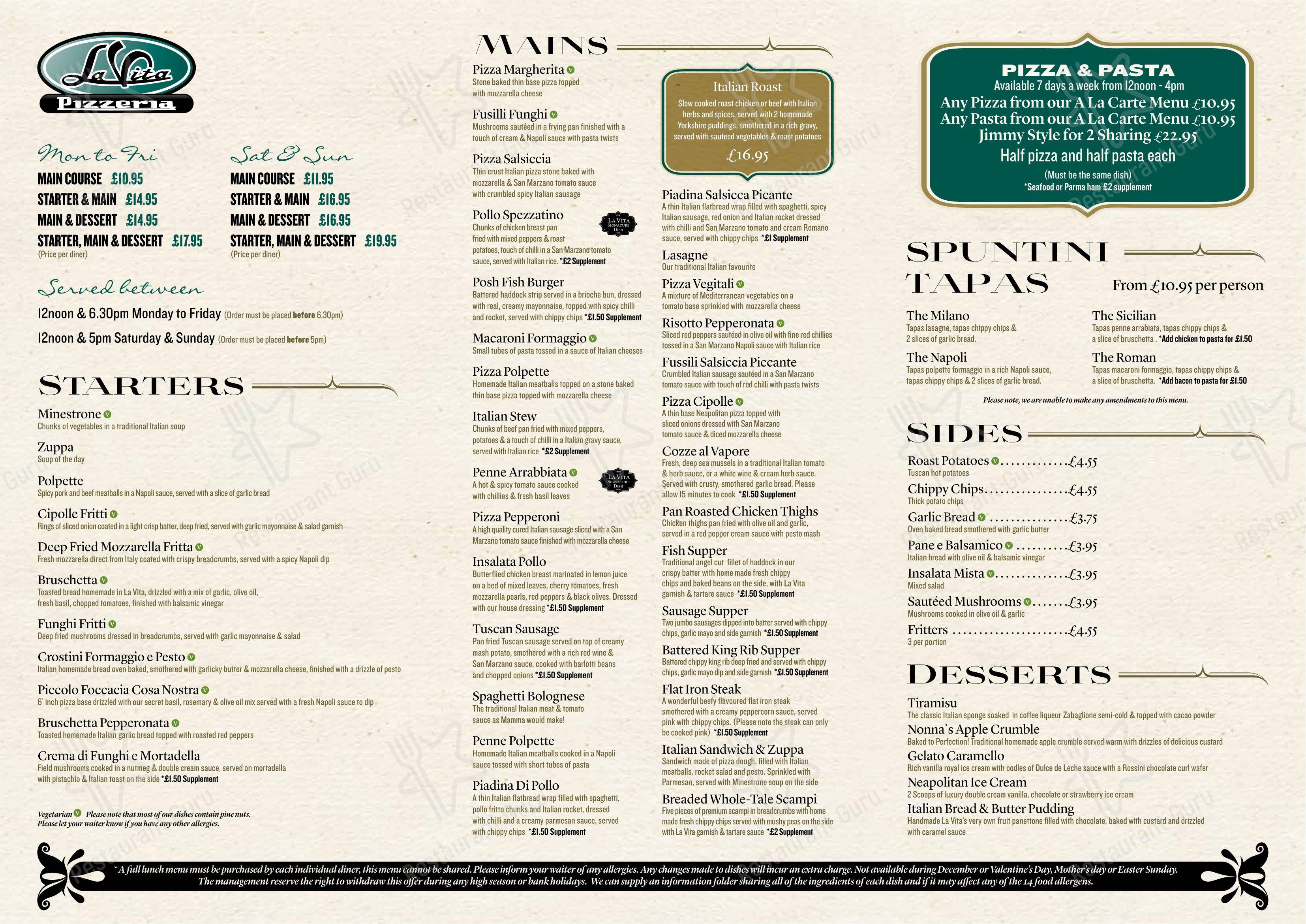 Menu at La Vita Barrachnie, Glasgow