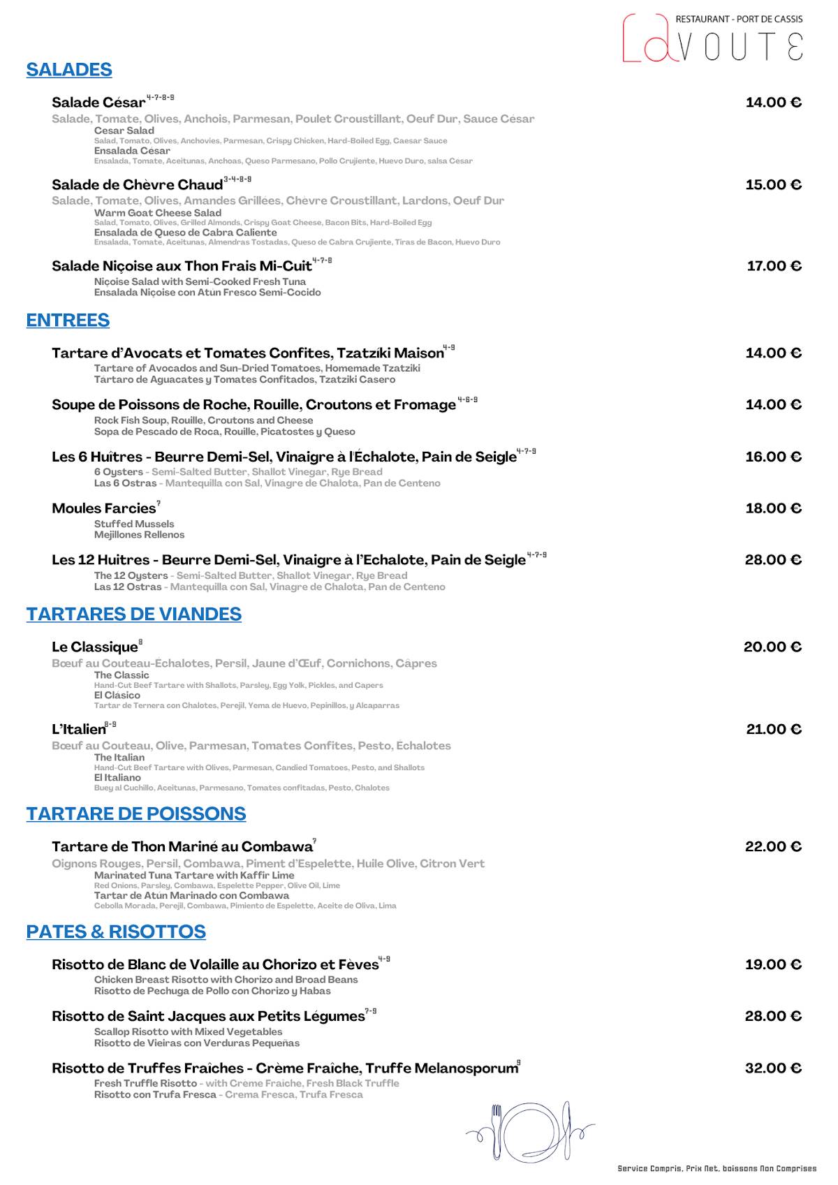 Menu de La Voûte - Restaurant Cassis