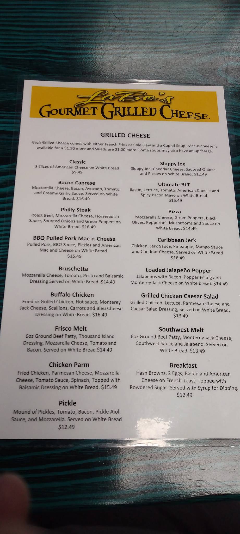Menu at LaBo’s Gourmet Grilled Cheese restaurant, Bryan