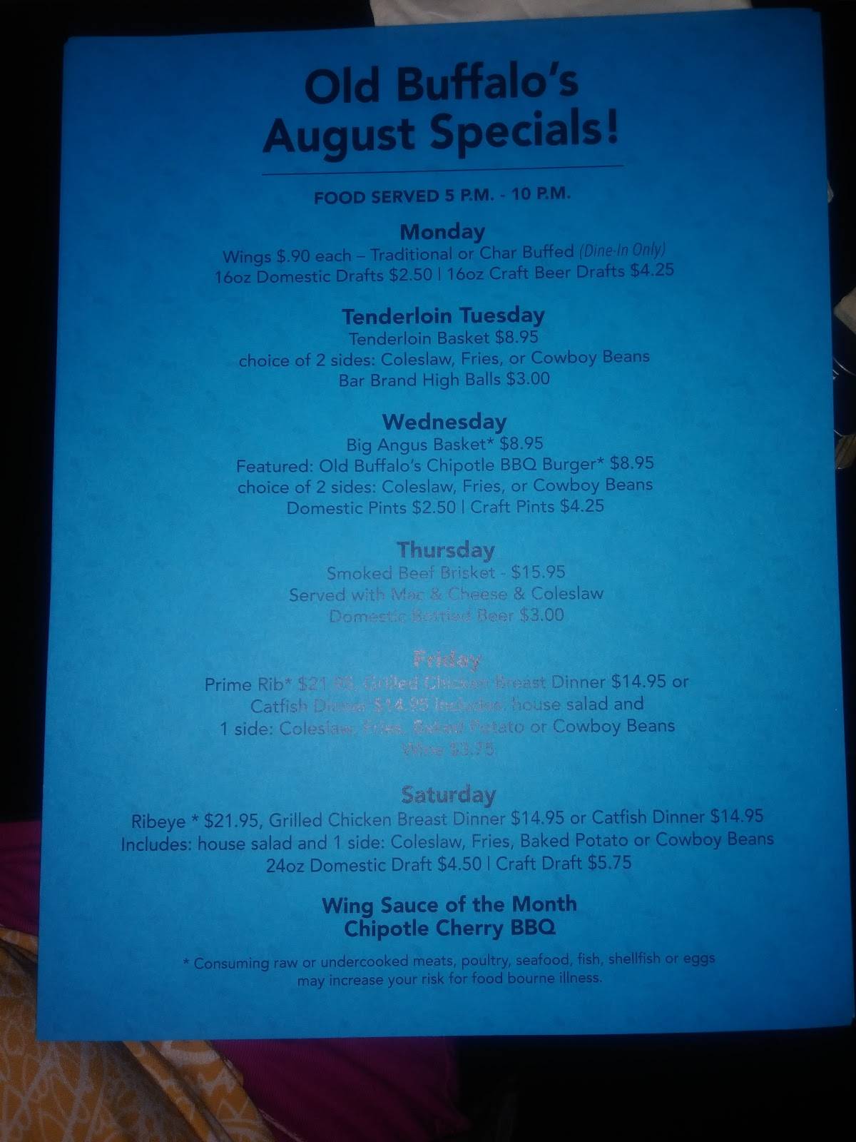 Menu at Old Buffalo's Outpost Bar and Grill, Lafayette