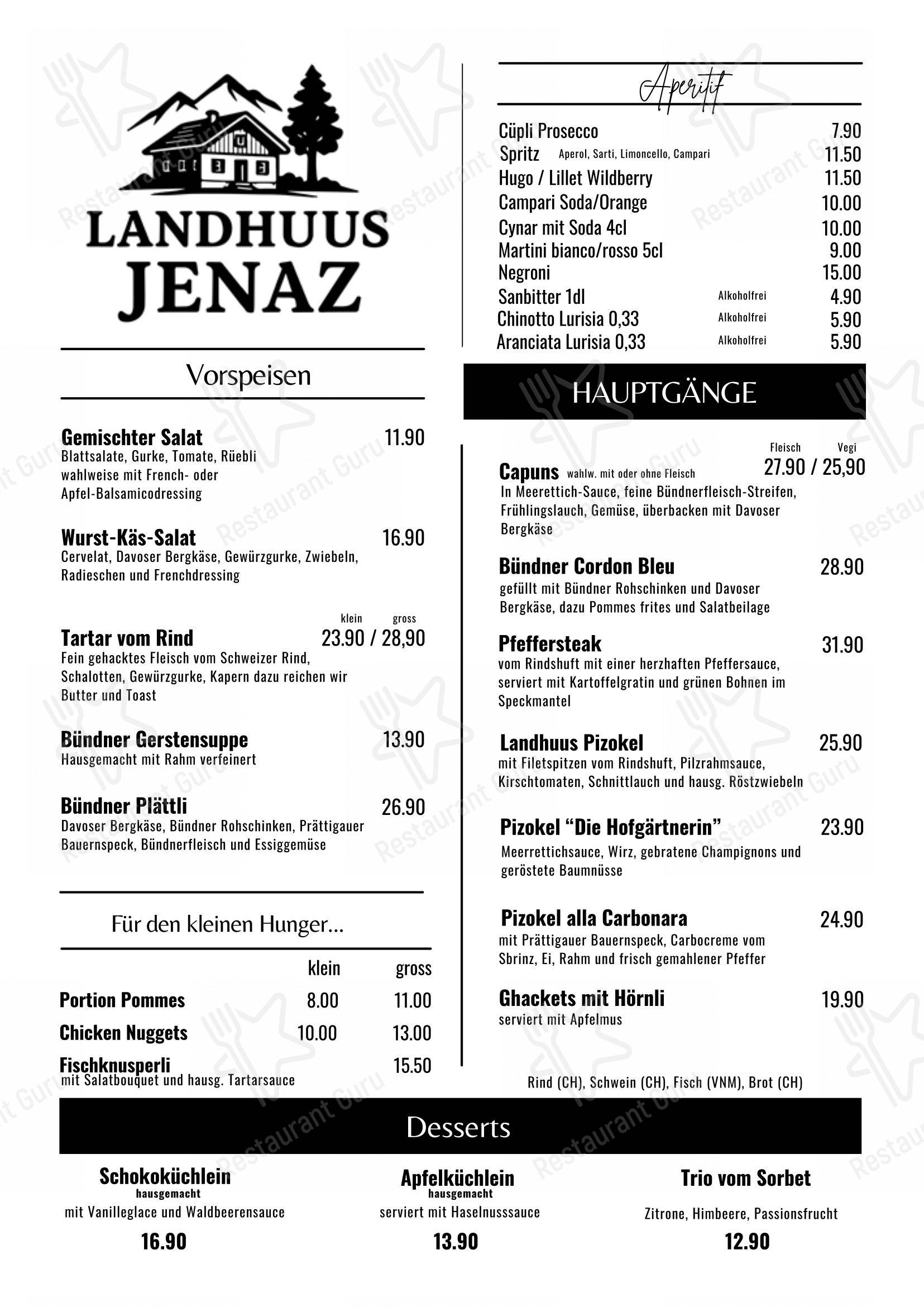 Landhuus Jenaz in Jenaz - Menu