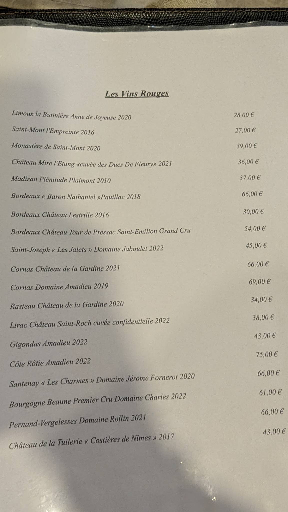 Menu de Le Gargantua