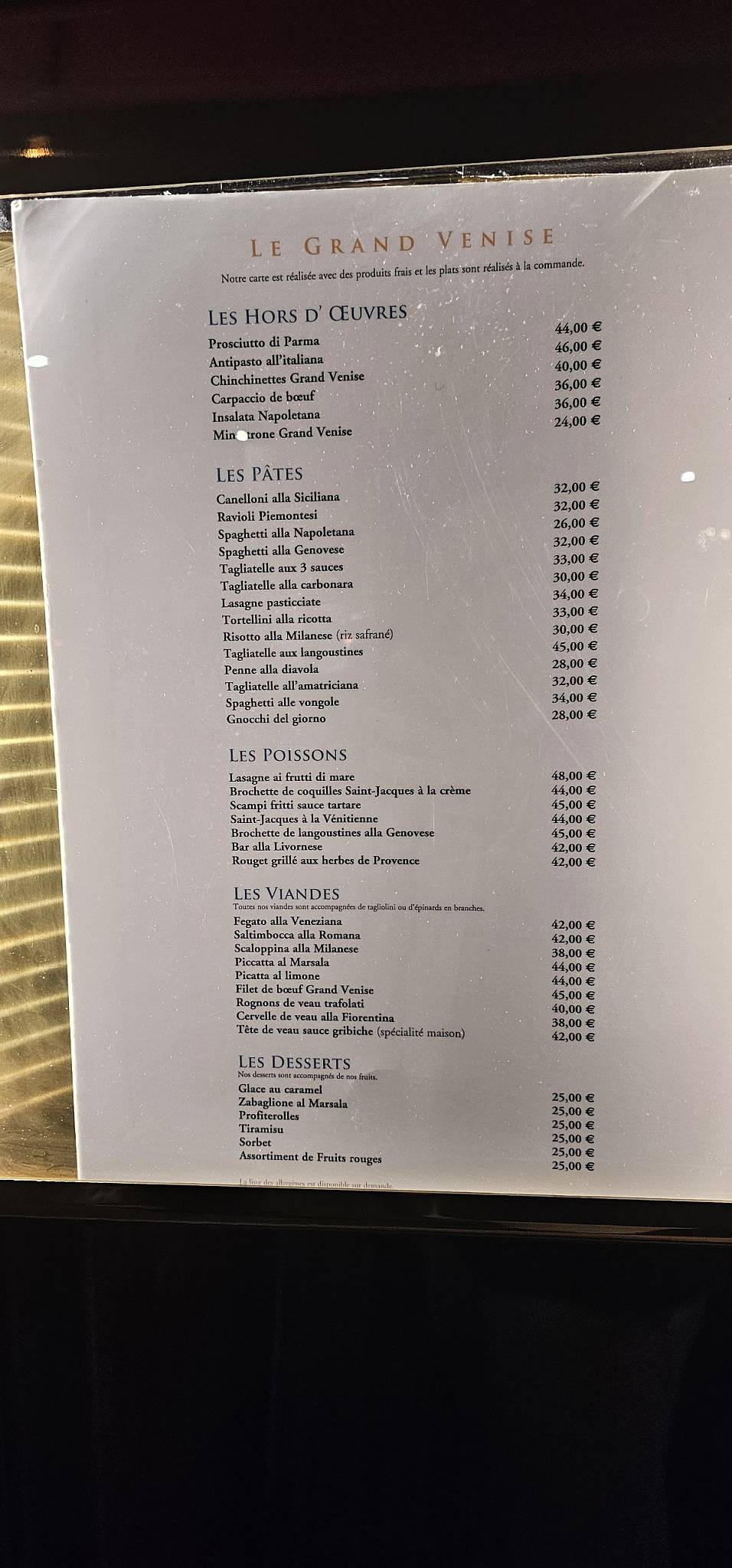 Menu de Le Grand Venise
