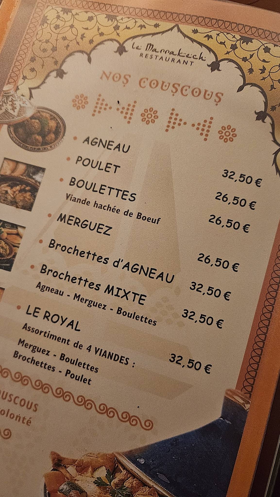 Menu de Le Marrakech
