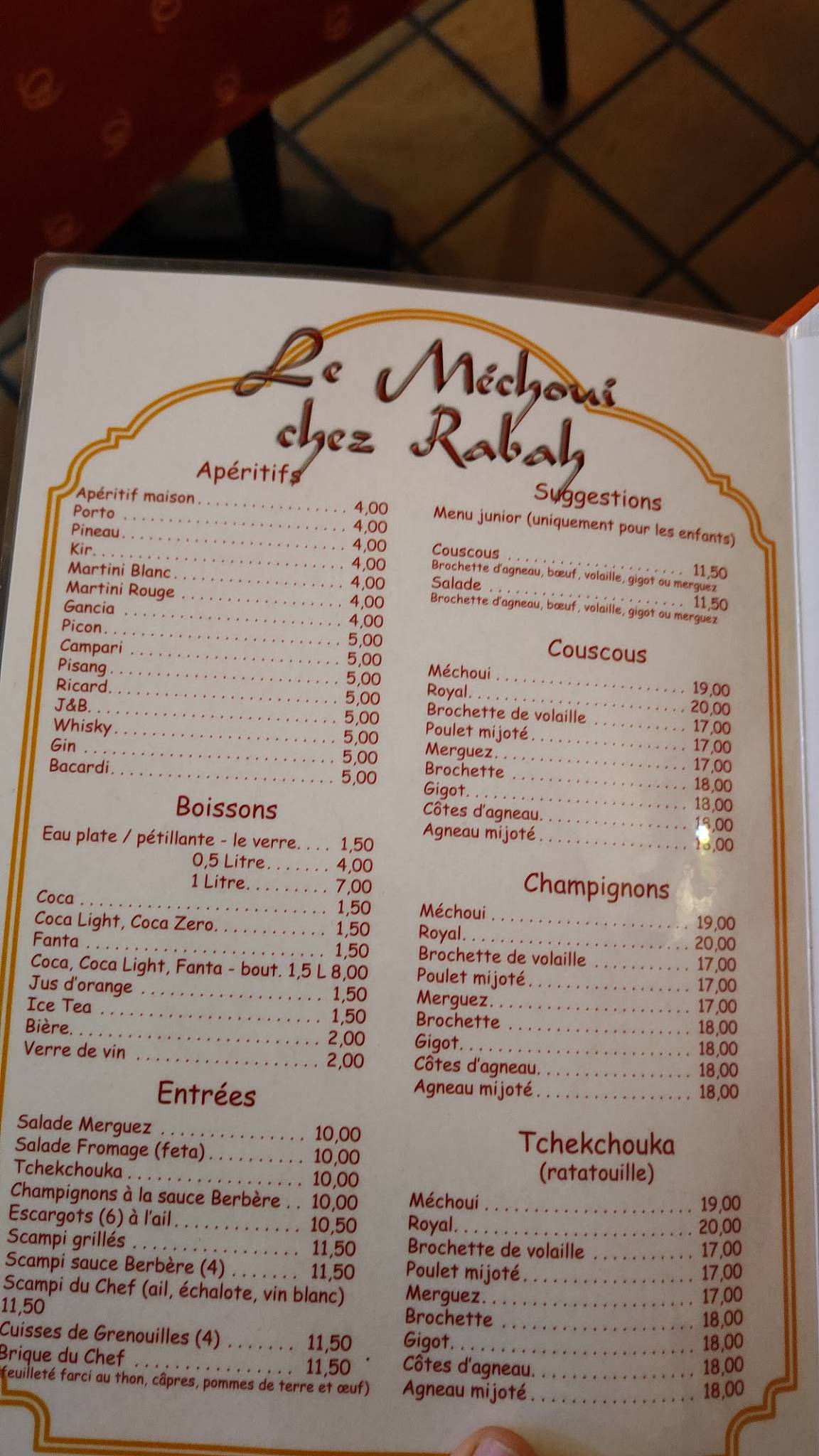 Menu de Le Mechoui chez Rabah