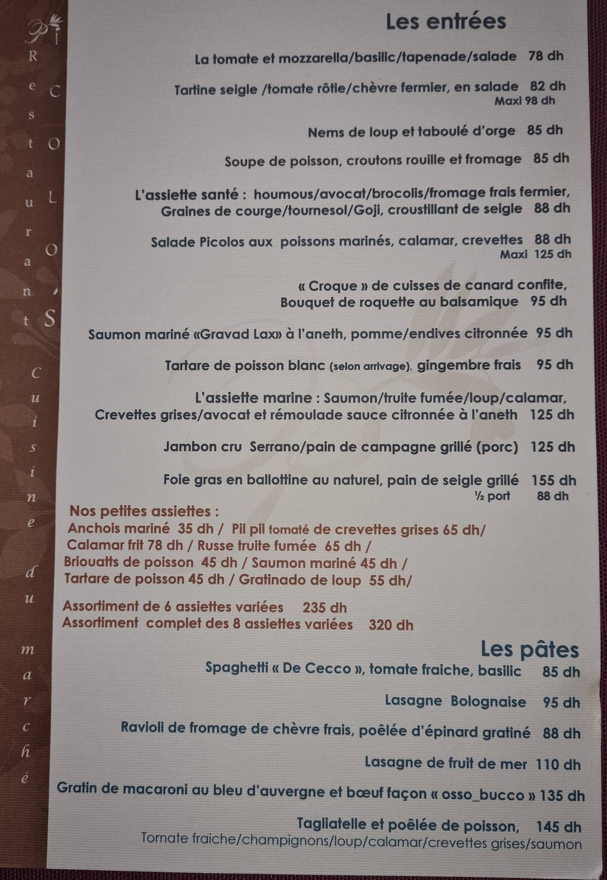Menu au Le Picolo's restaurant, Rabat