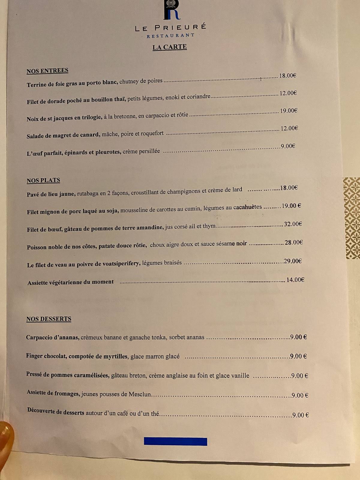 Menu de Le Prieuré Restaurant