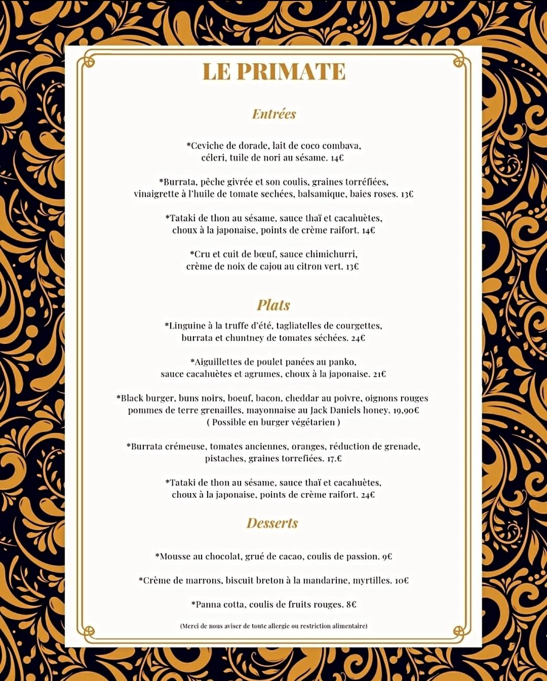 Menu de Le Primate
