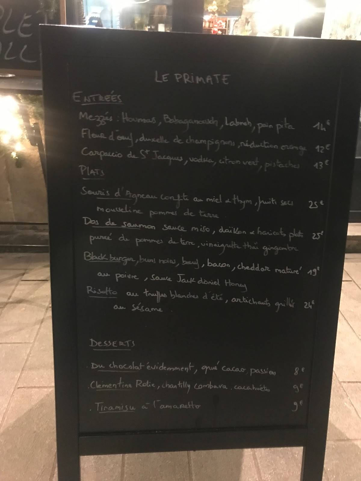 Menu au Le Primate restaurant, Besançon