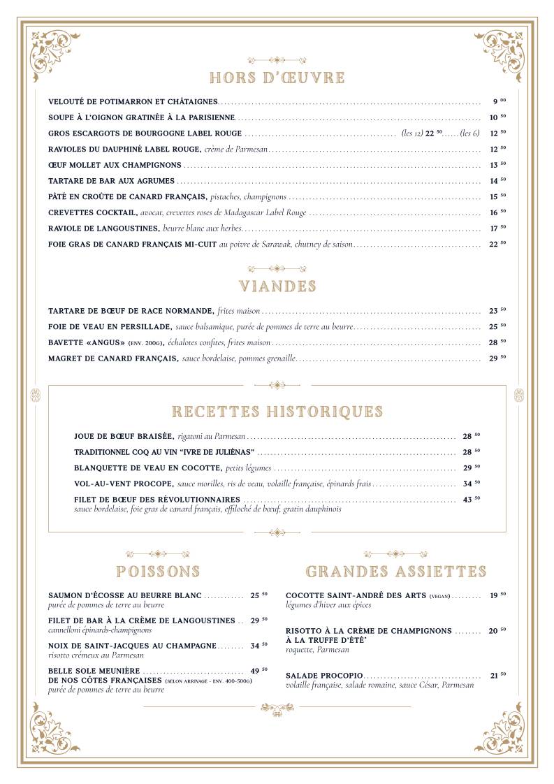 Menu de Le Procope