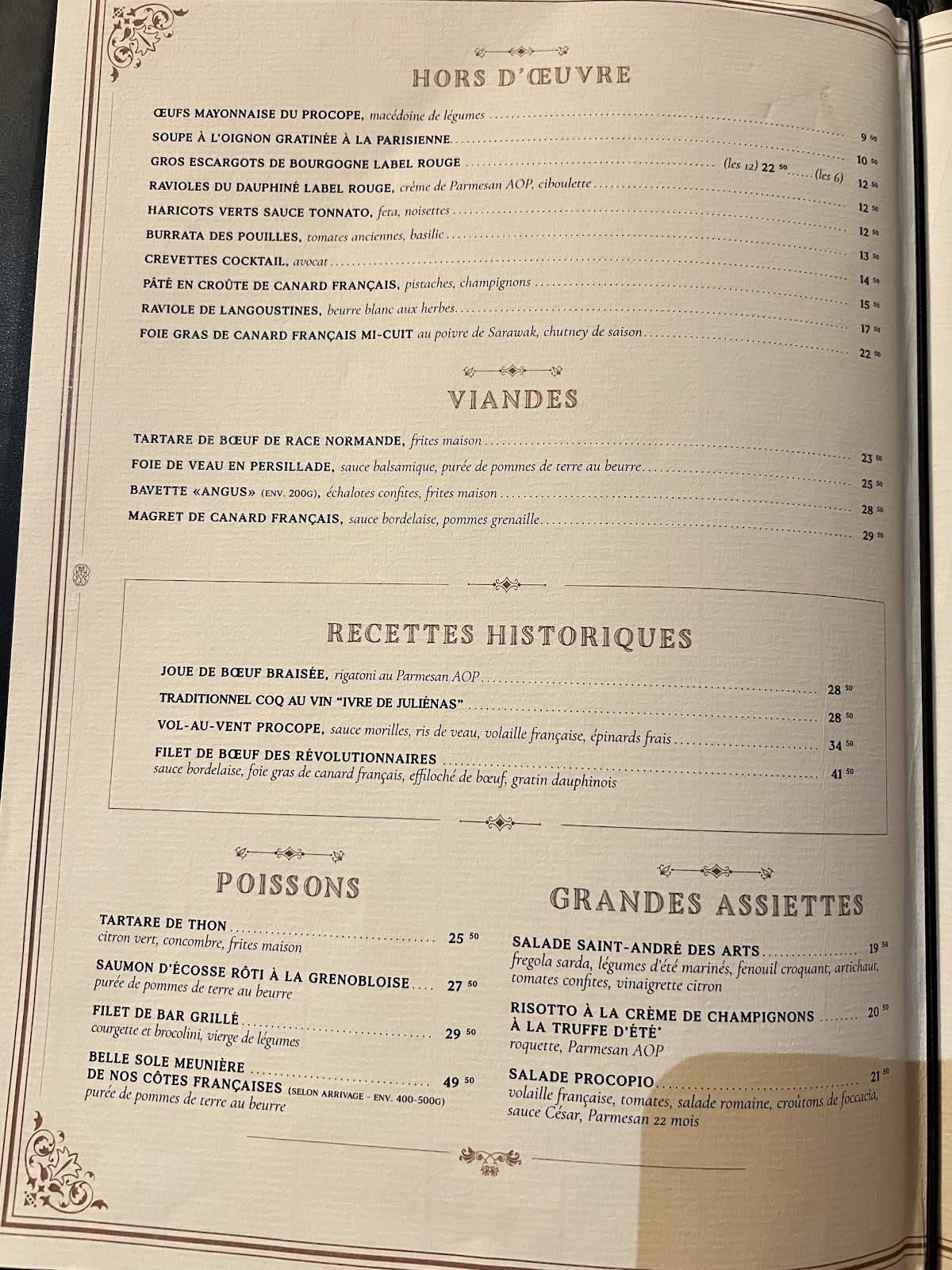 Menu de Le Procope