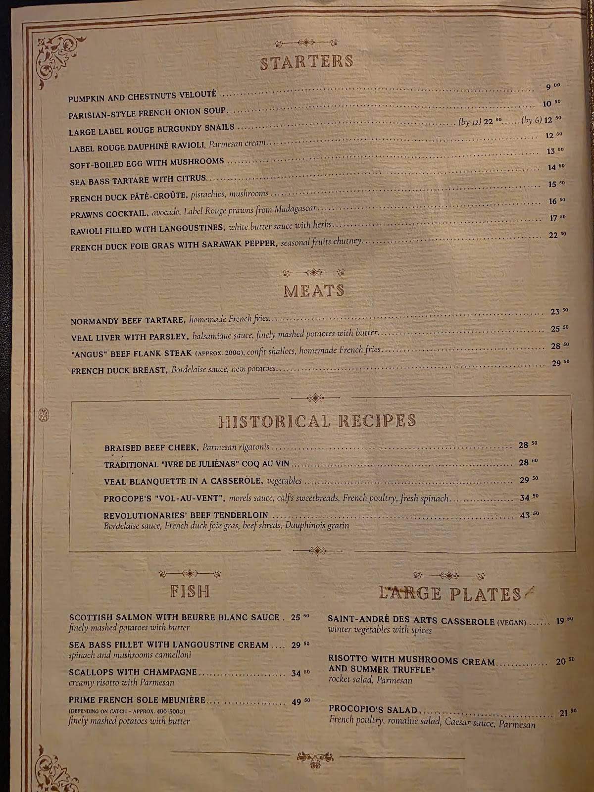 Menu de Le Procope