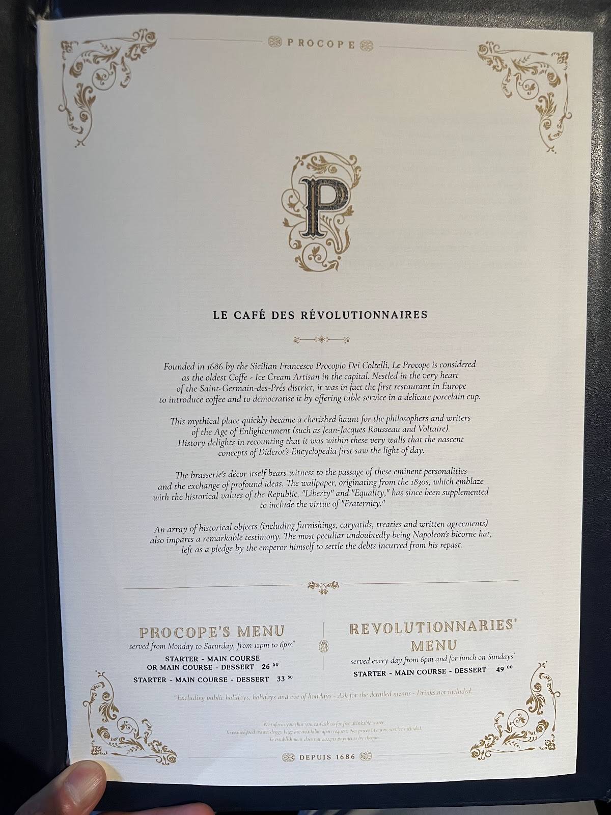 Menu de Le Procope