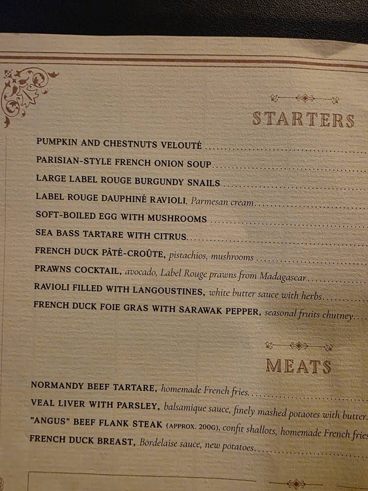 Menu de Le Procope