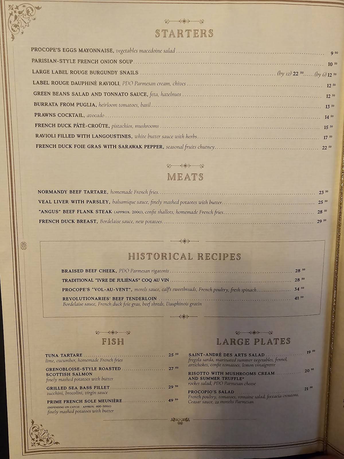 Menu de Le Procope